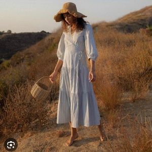 Christy Dawn Noah Blue Stripe Puff Sleeve Wrap Maxi Dress Women's Size M